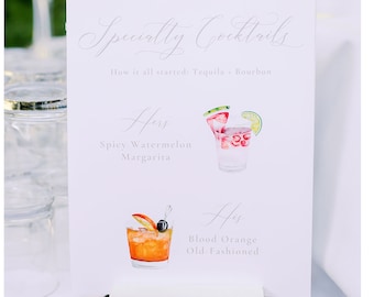 Letrero de bebida con firma personalizada - Letrero de cóctel para bodas - Letrero de bebidas para él y para ella, Letrero de cóctel con firma de acuarela, Letrero de cóctel impreso