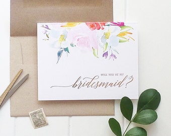 Floral Bridesmaid Proposal Card - Will You Be My Bridesmaid Card, Flower Girl - Gold Foil, Organic, Classic, Feminine | WPC215