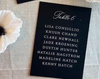 White Ink Printed Seating Assignment Cards, Colored Paper, Black, Navy, Seating Chart, Wedding Reception, Name Cards - Delicate Script