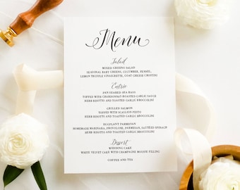 Gedrukte trouwmenu's - Menukaarten - Trouwmenu - Traditioneel kalligrafieschrift - Lange, gestanste menu's, aanpasbaar | Romantisch schrift