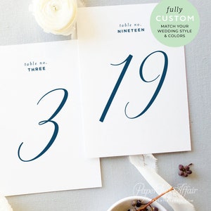 Peut inclure: Deux cartes de num&eacute;ro de table blanches avec une calligraphie bleu marine. La carte de gauche indique "table no. THREE" avec le num&eacute;ro "3". La carte de droite indique "table no. NINETEEN" avec le num&eacute;ro "19".