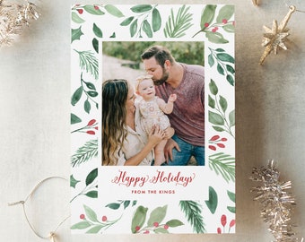 Festive Greenery Holiday Cards - Christmas Photo Cards - Holiday Photo Cards, Double Sided, Watercolor, Customizable