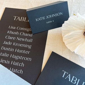 Modern Printed Seating Chart Cards, Serif Font, Black and White Seating Chart, Navy, Wedding Reception, Signage, Name Cards Mid Modern image 3