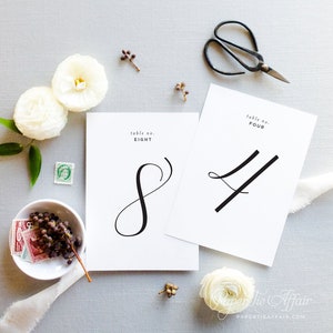 Peut inclure: Deux cartes blanches avec des num&eacute;ros en calligraphie noire, num&eacute;ro de table huit et num&eacute;ro de table quatre, sur un fond gris clair avec des fleurs blanches et une paire de ciseaux.