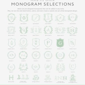 May include: A selection of pre-designed monograms in various styles, including leaf shields, floral crests, wreaths, and laurel designs. The monograms are in a soft green color and are displayed on a light background. Text at the top reads "MONOGRAM SELECTIONS".