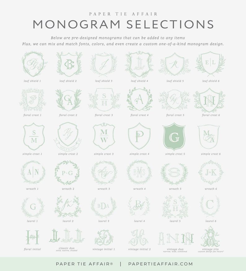 May include: A selection of pre-designed monograms in various styles, including leaf shields, floral crests, wreaths, and laurel designs. The monograms are in a soft green color and are displayed on a light background. Text at the top reads "MONOGRAM SELECTIONS".