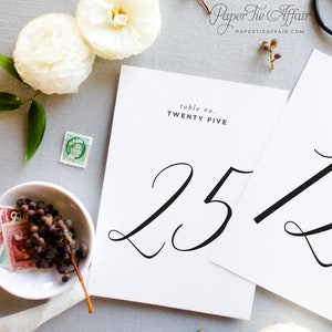 Peut inclure: Carte blanche avec calligraphie noire pour le num&eacute;ro de table vingt-cinq. Le texte "table no. TWENTY FIVE" est imprim&eacute; en noir en haut de la carte.