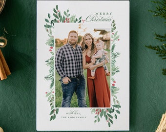 Festive Border Holiday Cards - Christmas Photo Cards - Holiday Photo Cards, Double Sided, Customizable, Greenery Watercolor