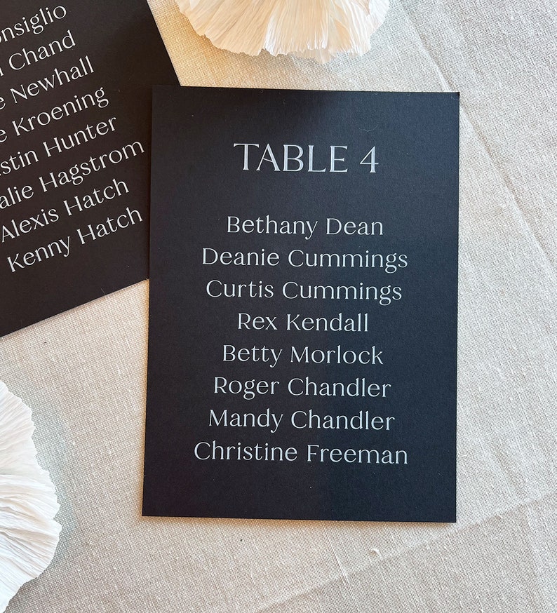 Modern Printed Seating Chart Cards, Serif Font, Black and White Seating Chart, Navy, Wedding Reception, Signage, Name Cards Mid Modern image 2