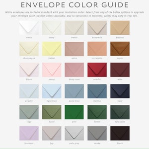 May include: A chart showing 25 different envelope colors for wedding invitations. The colors are arranged in five rows of five, with each color labeled with its name. The colors include white, ivory, wheat, buttermilk, biscotti, champagne, butter, spice, terracotta, sepia, blush, peony, dusty rose, scarlet, wine, powder, light blue, dusty blue, marina, navy, sage, hazel, pine, forest, turquoise, lavender, fog, pale grey, smoke, and black.