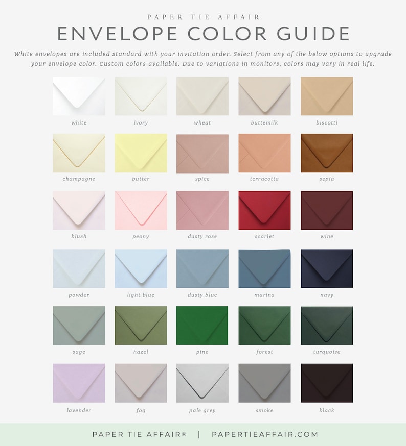 May include: A chart showing 25 different envelope colors for wedding invitations. The colors are arranged in five rows of five, with each color labeled with its name. The colors include white, ivory, wheat, buttermilk, biscotti, champagne, butter, spice, terracotta, sepia, blush, peony, dusty rose, scarlet, wine, powder, light blue, dusty blue, marina, navy, sage, hazel, pine, forest, turquoise, lavender, fog, pale grey, smoke, and black.