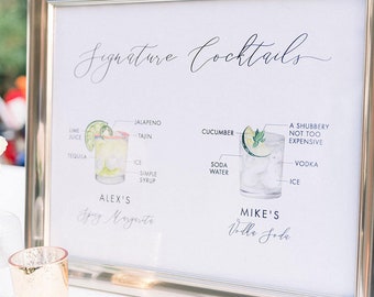 Letrero de cóctel personalizado con firma - Letrero de cóctel para bodas - Letrero de bebidas para él y para ella, Letrero de bebida con firma de acuarela, Letrero de cóctel impreso
