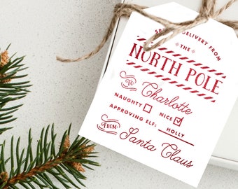 PRINTED From Santa Tag - Customizable North Pole Special Delivery Christmas Gift Tag - Santa Gift Tag - Red Foil Tag with Ribbon