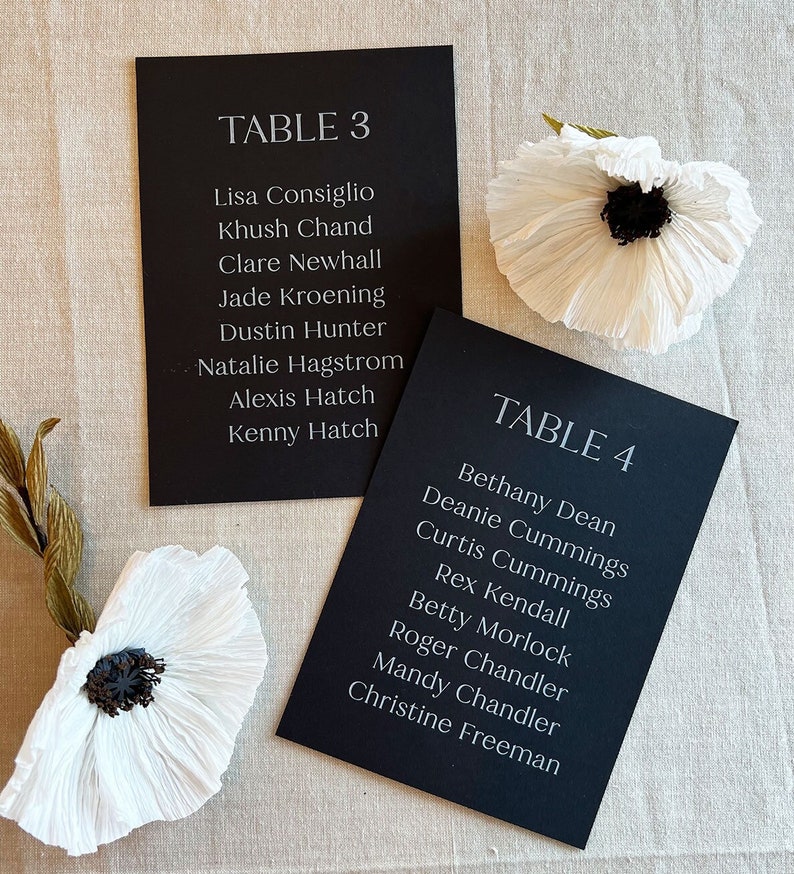 Modern Printed Seating Chart Cards, Serif Font, Black and White Seating Chart, Navy, Wedding Reception, Signage, Name Cards Mid Modern image 1