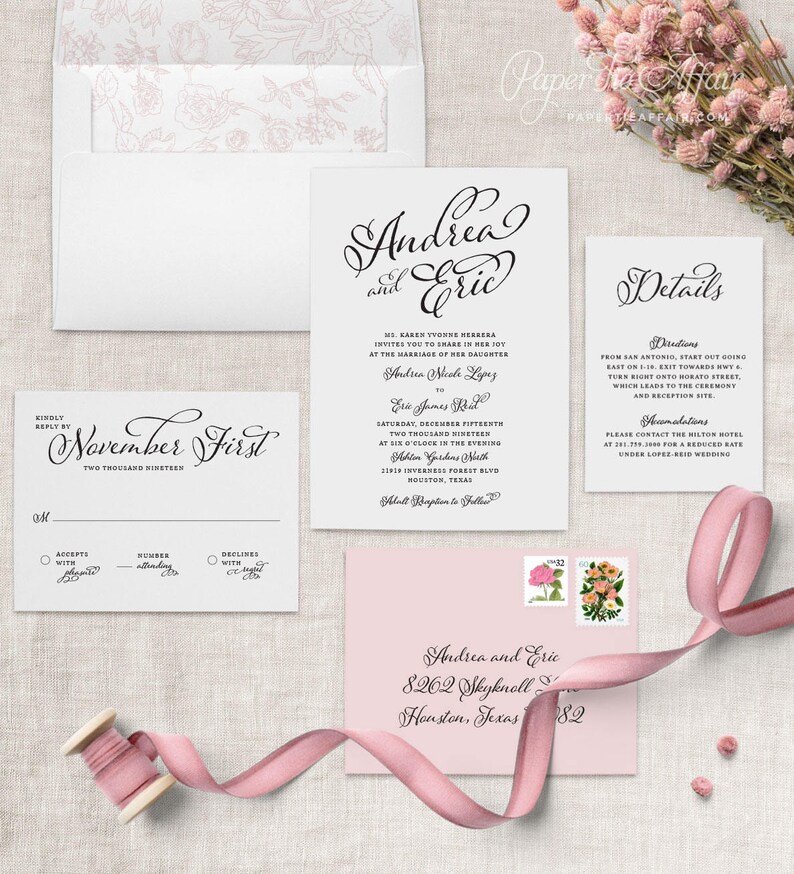 May include: Wedding invitation suite with a pink and white color scheme. The invitation features a script font with the names "Andrea and Eric" and the date "November First, Two Thousand Nineteen". The RSVP card includes a section for accepting or declining the invitation, and a space for the number of attendees. The details card includes directions and accommodation information for the wedding.