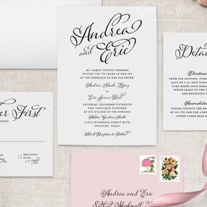 May include: Wedding invitation with a pink background and a white envelope. The invitation features a black script font with the names "Andrea and Eric" and the date "December Fifteenth, Two Thousand Nineteen". The invitation also includes the location "Ashton Gardens North" and the address "21919 Inverness Forest Blvd, Houston, Texas".