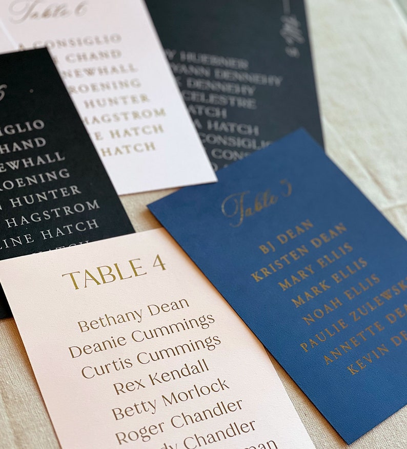 Modern Printed Seating Chart Cards, Serif Font, Black and White Seating Chart, Navy, Wedding Reception, Signage, Name Cards Mid Modern image 4