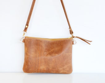 Sac crossbody en cuir pour femmes, petite pochette zippée en cuir, pochette bracelet en cuir Tan, sac à main minimaliste, cadeau du 3e anniversaire