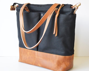 Large Black Canvas Leather Work Tote Backpack, Convertible Shoulder Crossbody Bag