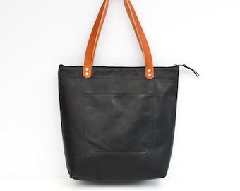 Black Leather Zipper Tote Bag. Modern Two-tone Handmade Black and Tan Cowhide Leather Handbag. Minimalist Leather Purse. Black Shoulder Bag.
