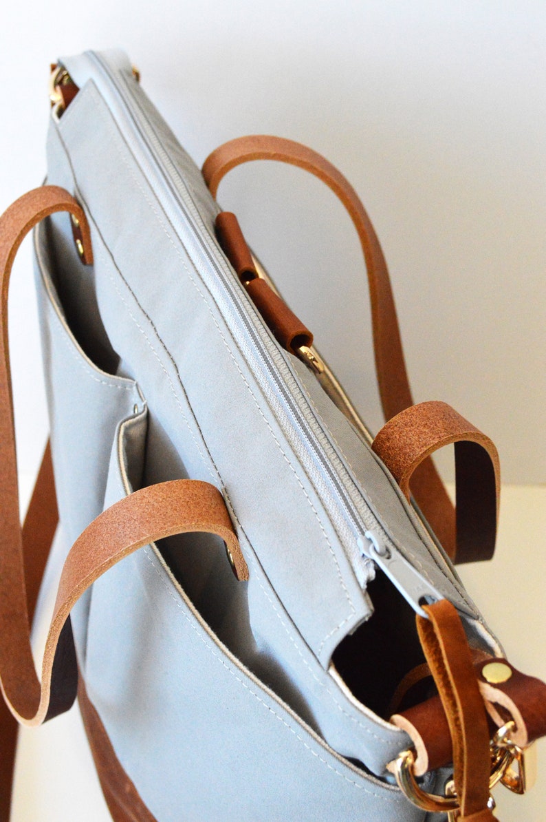 Light Grey and Tan Leather Work Bag / Large Work Tote / Ideal for School or College / Handmade Leather Bag / Convertible Backpack Bag image 5