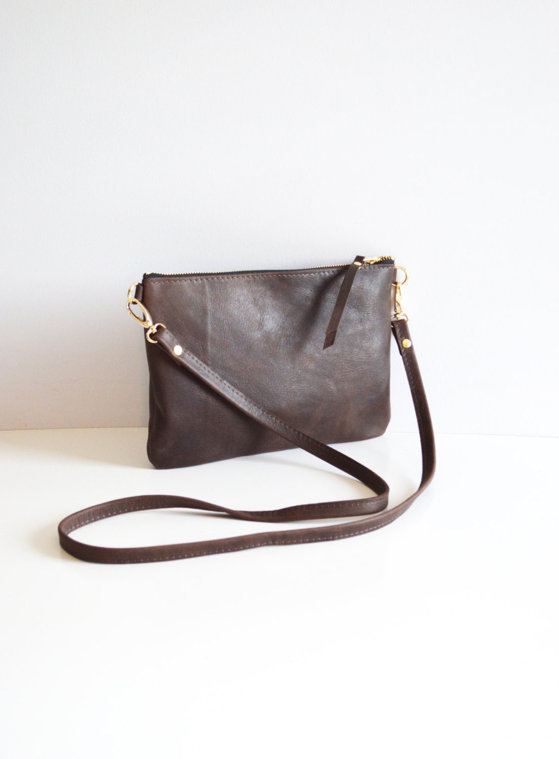Dark Brown Leather Crossbody Bag. Small Minimalist Leather Etsy