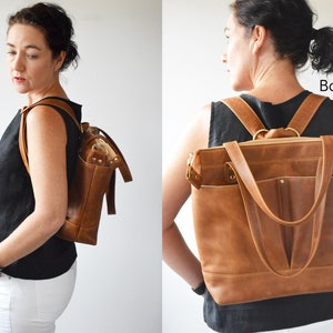 Puede incluir: Mochila de cuero marr&oacute;n en modo mochila. La bolsa tiene un asa superior, correas ajustables y m&uacute;ltiples bolsillos. El texto "Backpack Mode" es visible en el lado derecho de la imagen.