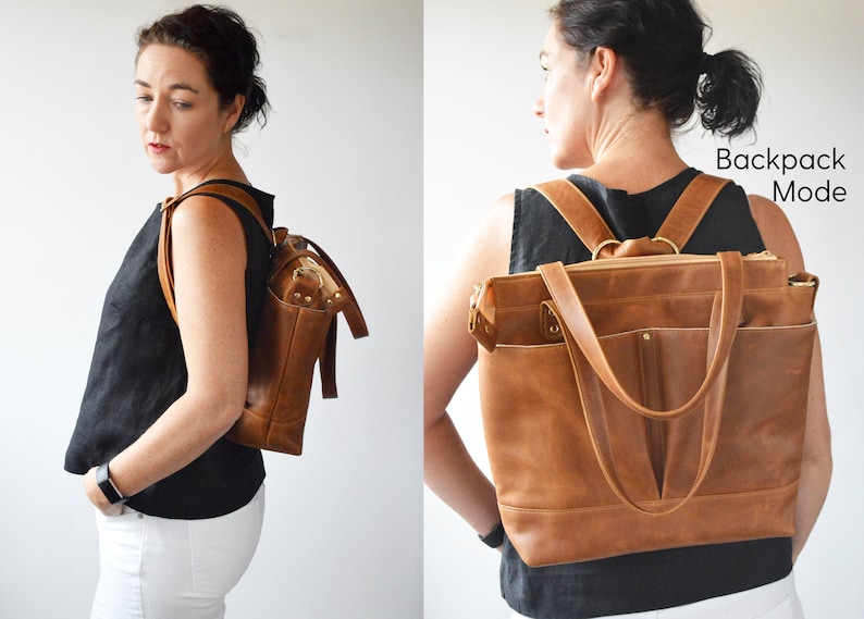 Puede incluir: Mochila de cuero marr&oacute;n en modo mochila. La bolsa tiene un asa superior, correas ajustables y m&uacute;ltiples bolsillos. El texto "Backpack Mode" es visible en el lado derecho de la imagen.