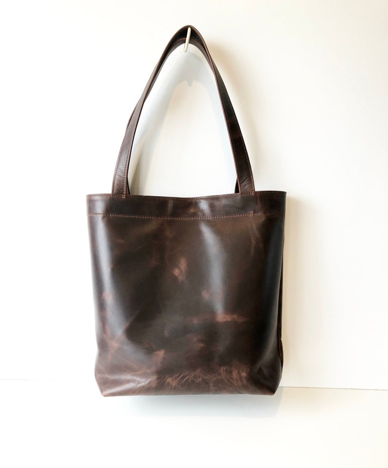 Dark Brown Leather Tote Bag. Handmade Leather Shoulder Bag in Vintage Style Leather. Minimal Modern Classic Leather Bag. image 1