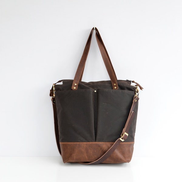 Brown waxed canvas and leather diaper bag tote bag nappy bag