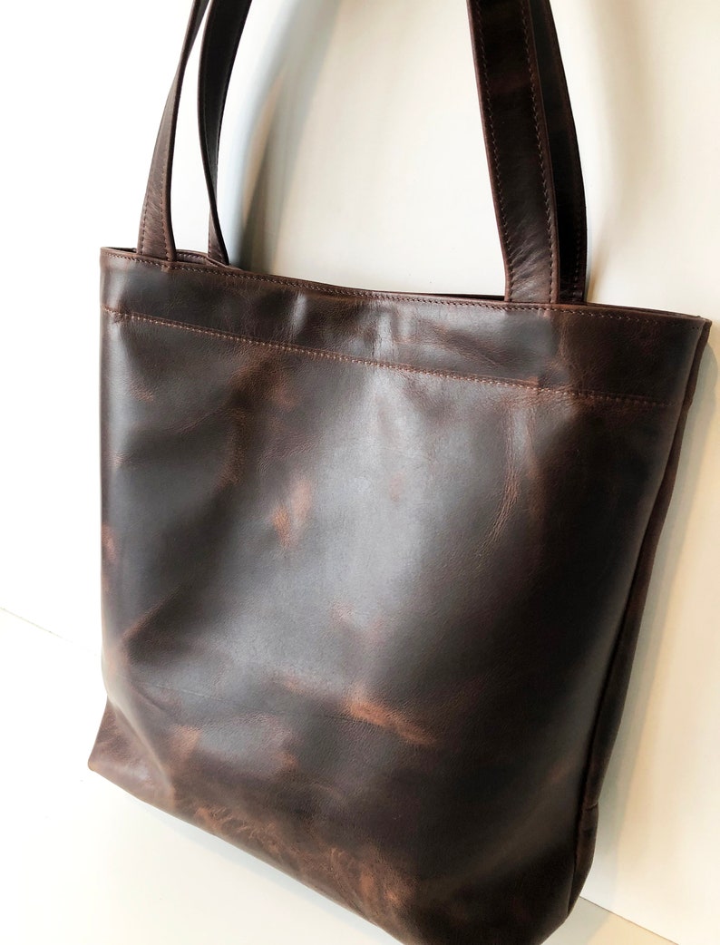 Dark Brown Leather Tote Bag. Handmade Leather Shoulder Bag in Vintage Style Leather. Minimal Modern Classic Leather Bag. image 2