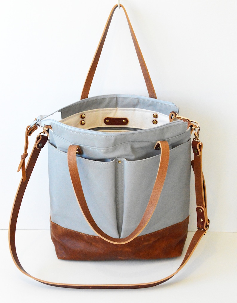 Light Grey and Tan Leather Work Bag / Large Work Tote / Ideal for School or College / Handmade Leather Bag / Convertible Backpack Bag image 4