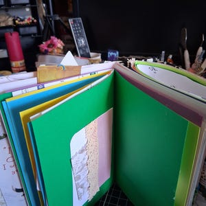 Pu&ograve; includere: Un album di ritagli fatto a mano con pagine aperte che presentano inserti in cartoncino verde, giallo e blu vivaci. Le pagine includono un piccolo cartoncino bianco con un bordo in pizzo beige e un'illustrazione stampata.