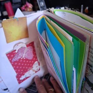 Pu&ograve; includere: Un album di ritagli a pi&ugrave; pagine con inserti in carta dai colori vivaci nelle tonalit&agrave; del blu, giallo e verde. La pagina sinistra mostra una tasca rossa a pois bianchi, decorata con due sagome di farfalle e un piccolo foglietto giallo.
