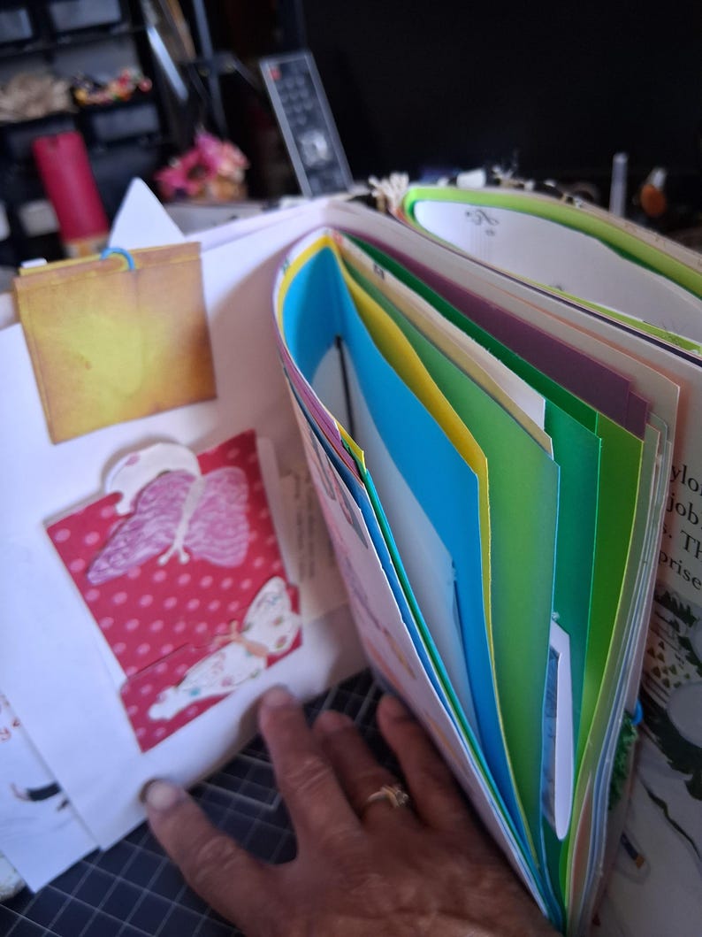 Pu&ograve; includere: Un album di ritagli a pi&ugrave; pagine con inserti in carta dai colori vivaci nelle tonalit&agrave; del blu, giallo e verde. La pagina sinistra mostra una tasca rossa a pois bianchi, decorata con due sagome di farfalle e un piccolo foglietto giallo.