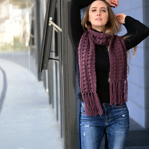 Crochet lace scarf with fringe in aubergine, womens handmade scarf with fringe, eggplant purple fringed scarf in soft merino wool blend image 3