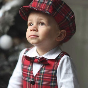 Boys Christmas outfit in red tartan, toddler boy hat, bow tie, waistcoat and trousers, baby cap, vest and pants, Christmas clothes for boys