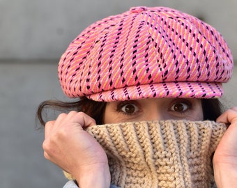 Pink newsboy hat for women girls in bright houndstooth cotton fabric, summer newsboy cap, summer visor hat, best gift for stylish ladies