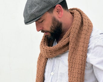 Thick hand knit chunky scarf in tan, unisex knitted scarf, warm winter neckwarmer in vegan friendly acrylic for men or women