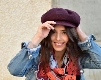 Unisex newsboy cap in purple herringbone wool, womens newsboy hat, Peaky Blinders style visor hat, baker boy hat for girls, applejack hat