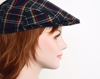 Womens newsboy cap in navy and red tartan, unisex flat hat red flat cap, red plaid hat for women Christmas hats for girls, Xmas gift for her