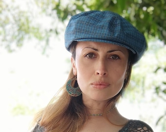 Summer newsboy hat in blue or brown, Peaky Blinders style newsboy cap for women, oversize beret with visor, bakerboy cap, unisex summer cap