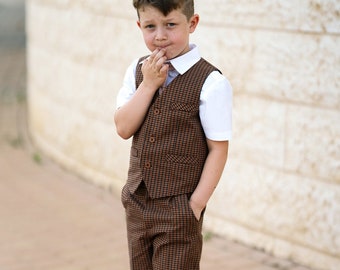 Boys ring bearer outfit in brown, toddler boy waistcoat and trousers, baby boy vest and pants, boy wedding clothes, boy clothing for wedding