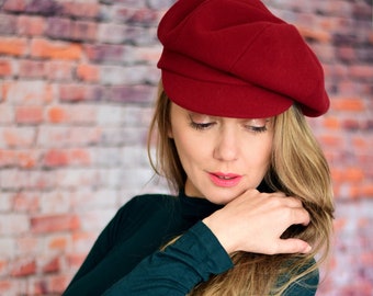 Red newsboy cap, womens red wool beret hat with bill, slouch hat with visor, red tam with bill, newspaper boy cap, oversize beret spring hat