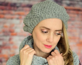 Womens knit oversized beanie hat, slouchy knit beanie in grey, girls knit beret, knitted hat, knit tam for women, oversize knitted cap