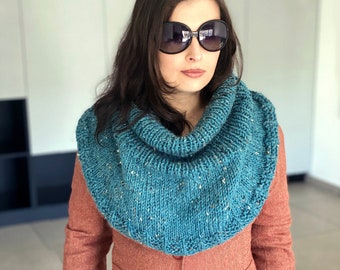 Hand knit turtleneck cape in teal tweed, bulky knitted cowl, oversize hood scarf, chunky capelet women, knit shoulder warmer convertible