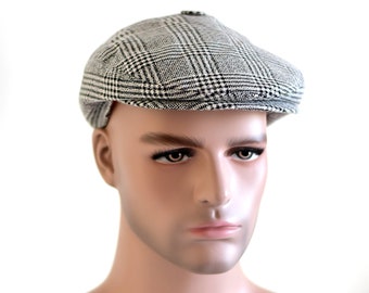 Tartan flat cap, elegant flat hat for men or women, unisex newsboy cap in black and white tartan, plaid hat, driver cap, cabbie newsie hat