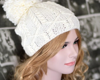 White knit beanie hat Slouchy knit beanie Womens cable knit hat Knitted beanie Girls knit cap with pom Knitted hat Gift for women girls
