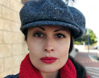 Blue herringbone hat Tweed newsboy cap Womens newsboy hat Baker boy hat newsie 8-panel cap Beret with visor Unisex news boy cap
