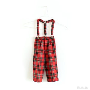 Boys tartan trousers with suspenders in red and green tartan, red tartan plaid pants with braces, kids Christmas outfit, any size available image 1